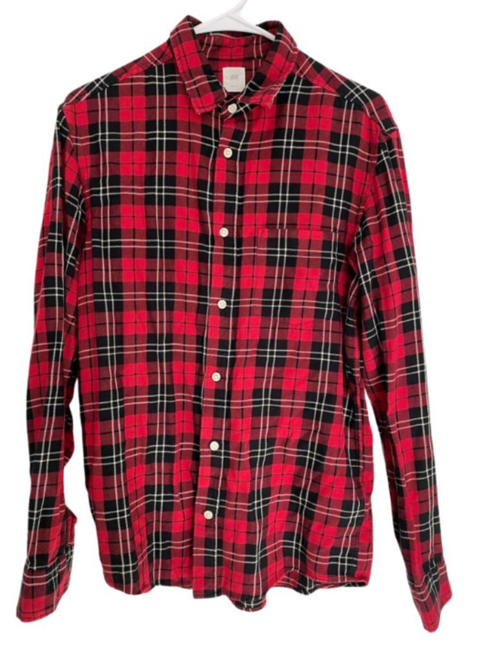 H&M L.O.G.G. Plaid Flannel Shirt Regular Fit Cotton Red Black Men's Size S